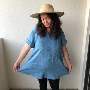 NWOT Blue Made in Italy 100% Linen Blouse Size M